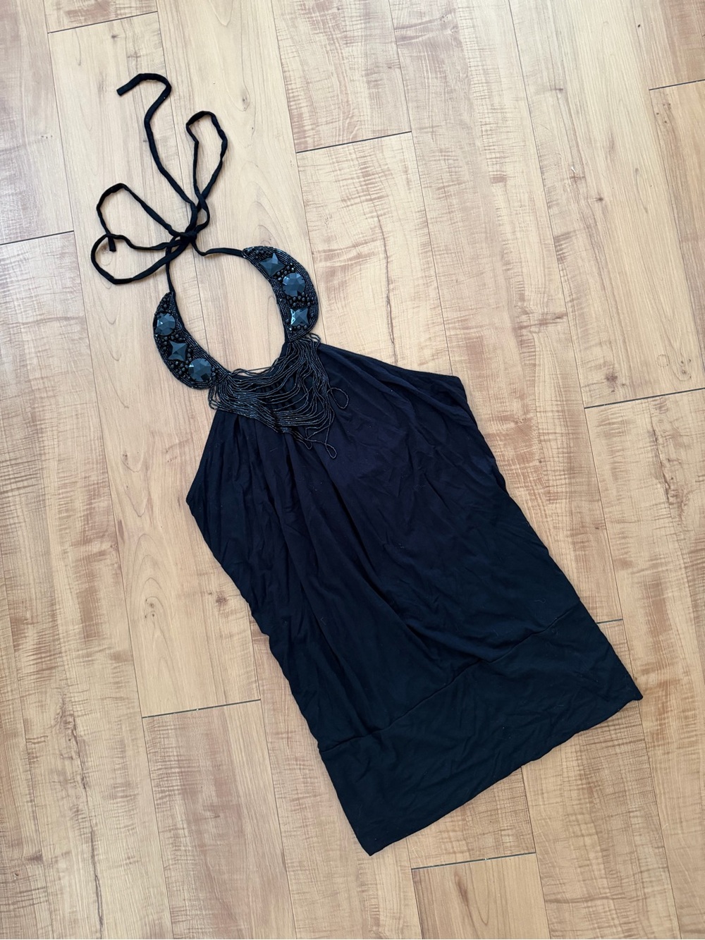 Robert Rodriguez Black Beaded Flowy Soft Halter Top/Tunic with Fringe Neckline